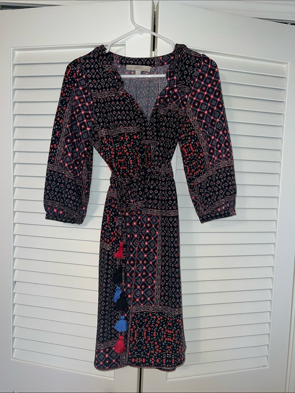 LOFT Black Midi Dress with Red and Blue Tassels
